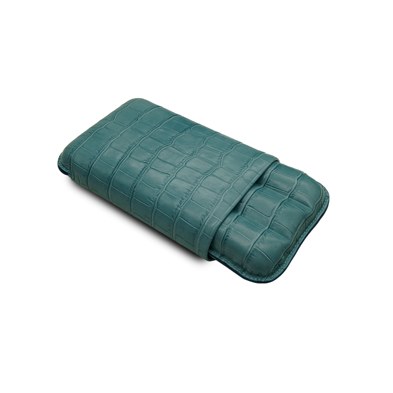 Montes Gerçek Deri El Yapımı 60 Ring Krokodil Aguamarina Üçlü Puro Kılıfı