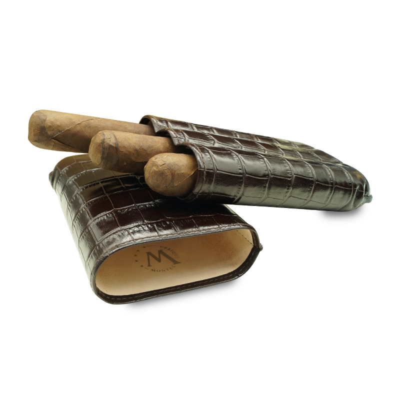 Montes Gerçek Deri El Yapımı 60 Ring Krokodil Tabaco Üçlü Puro Kılıfı