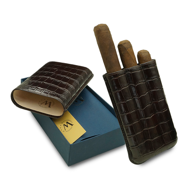 Montes Gerçek Deri El Yapımı 60 Ring Krokodil Tabaco Üçlü Puro Kılıfı