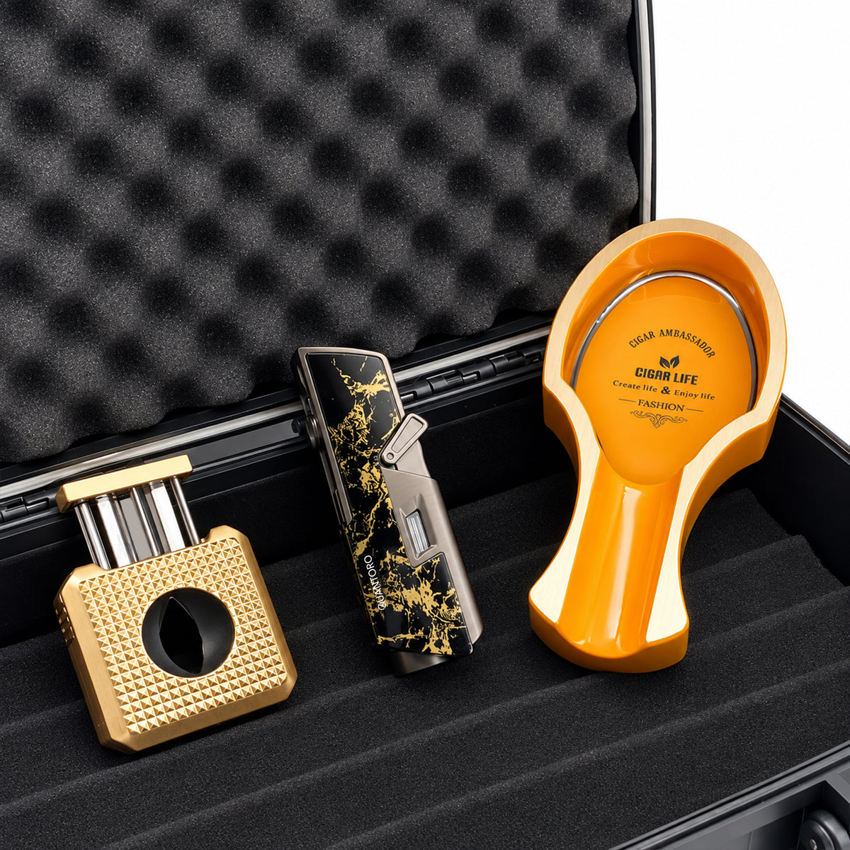 4'lü Gold Puro Seti | Premium Çakmak+Puro Kesici+Küllük+Seyahat Humidoru