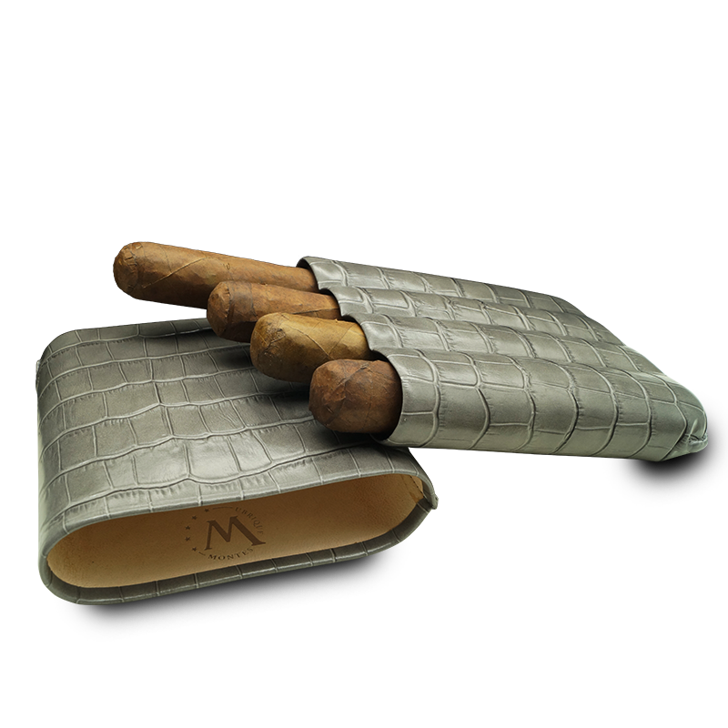 Montes Gerçek Deri El Yapımı 60 Ring Krokodil Ceniza Dörtlü Puro Kılıfı