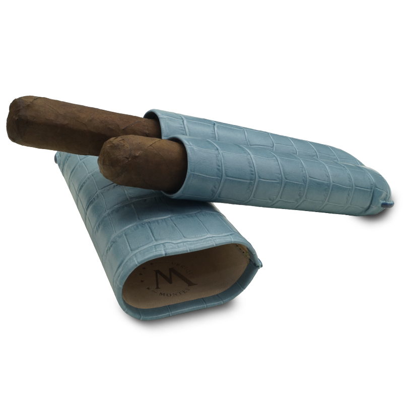 Montes Gerçek Deri El Yapımı 60 Ring Krokodil Aguamarina İkili Puro Kılıfı