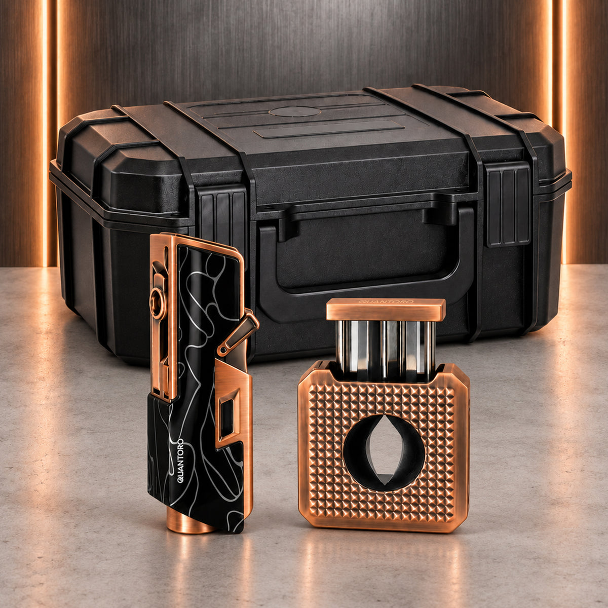 3'lü Bronz Puro Seti | Premium Çakmak+Puro Kesici+Seyahat Humidoru