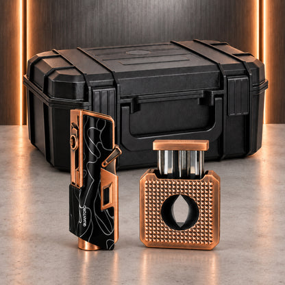 3'lü Bronz Puro Seti | Premium Çakmak+Puro Kesici+Seyahat Humidoru