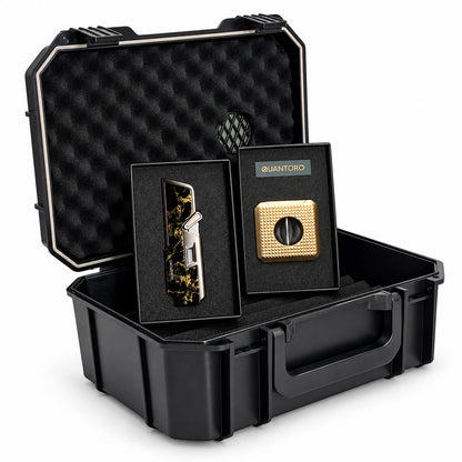 3'lü Gold Puro Seti | Premium Çakmak+Puro Kesici+Seyahat Humidoru