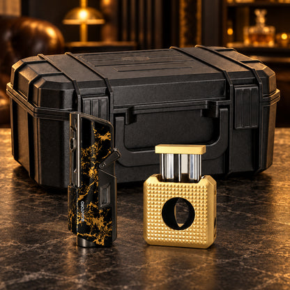 3'lü Gold Puro Seti | Premium Çakmak+Puro Kesici+Seyahat Humidoru