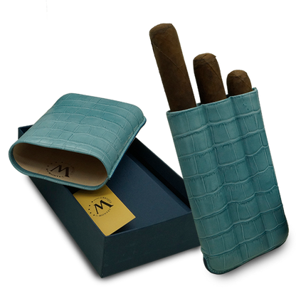 Montes Gerçek Deri El Yapımı 60 Ring Krokodil Aguamarina Üçlü Puro Kılıfı