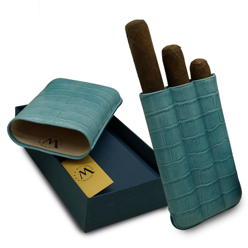 Montes Gerçek Deri El Yapımı 60 Ring Krokodil Aguamarina Üçlü Puro Kılıfı