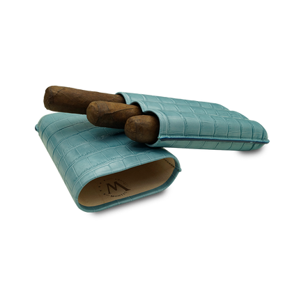 Montes Gerçek Deri El Yapımı 60 Ring Krokodil Aguamarina Üçlü Puro Kılıfı