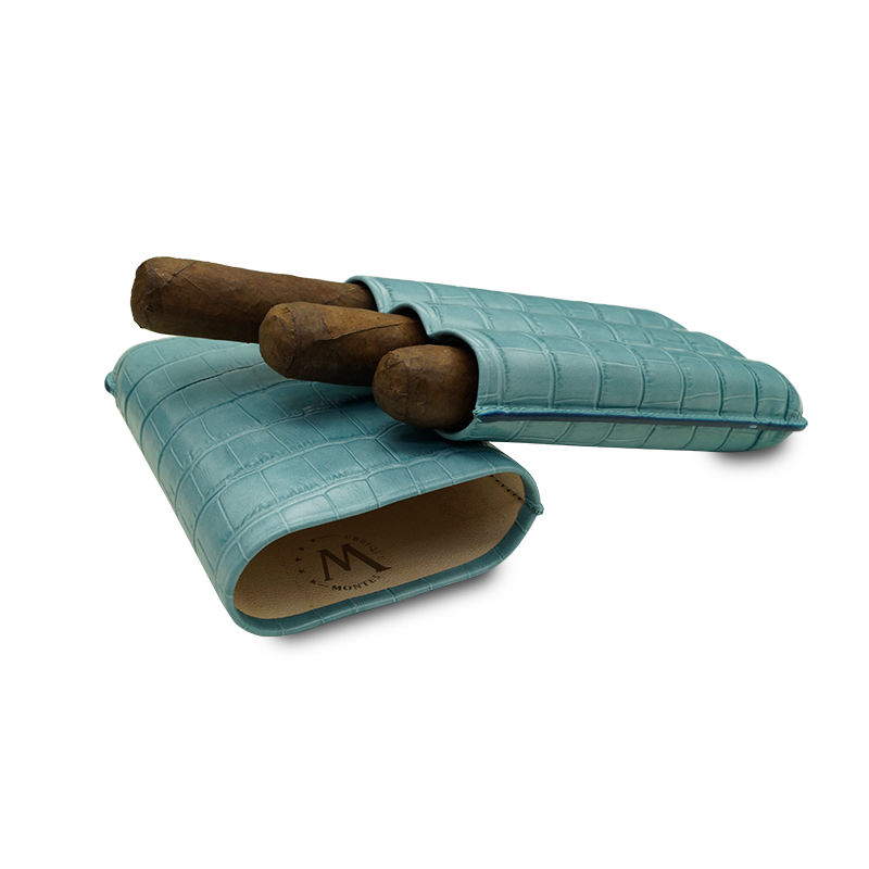 Montes Gerçek Deri El Yapımı 60 Ring Krokodil Aguamarina Üçlü Puro Kılıfı