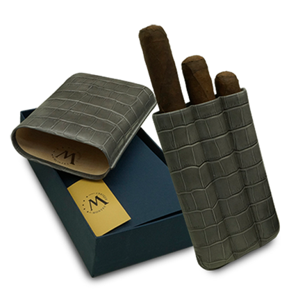 Montes Gerçek Deri El Yapımı 60 Ring Krokodil Ceniza Üçlü Puro Kılıfı