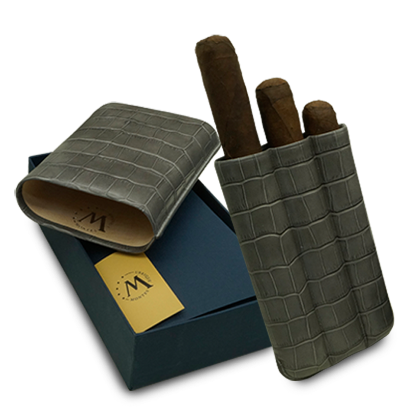 Montes Gerçek Deri El Yapımı 60 Ring Krokodil Ceniza Üçlü Puro Kılıfı