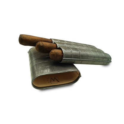 Montes Gerçek Deri El Yapımı 60 Ring Krokodil Ceniza Üçlü Puro Kılıfı