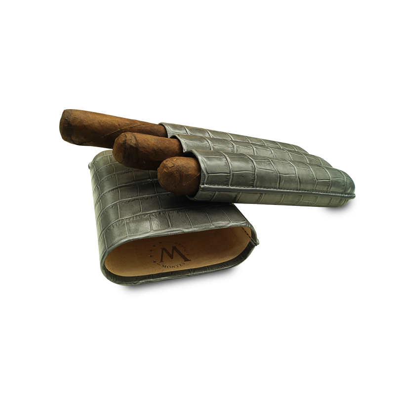 Montes Gerçek Deri El Yapımı 60 Ring Krokodil Ceniza Üçlü Puro Kılıfı