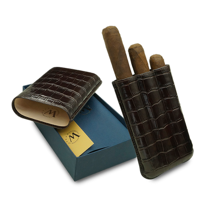 Montes Gerçek Deri El Yapımı 60 Ring Krokodil Tabaco Üçlü Puro Kılıfı