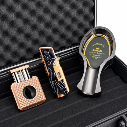 4'lü Bronz Puro Seti | Premium Çakmak+Puro Kesici+Küllük+Seyahat Humidoru