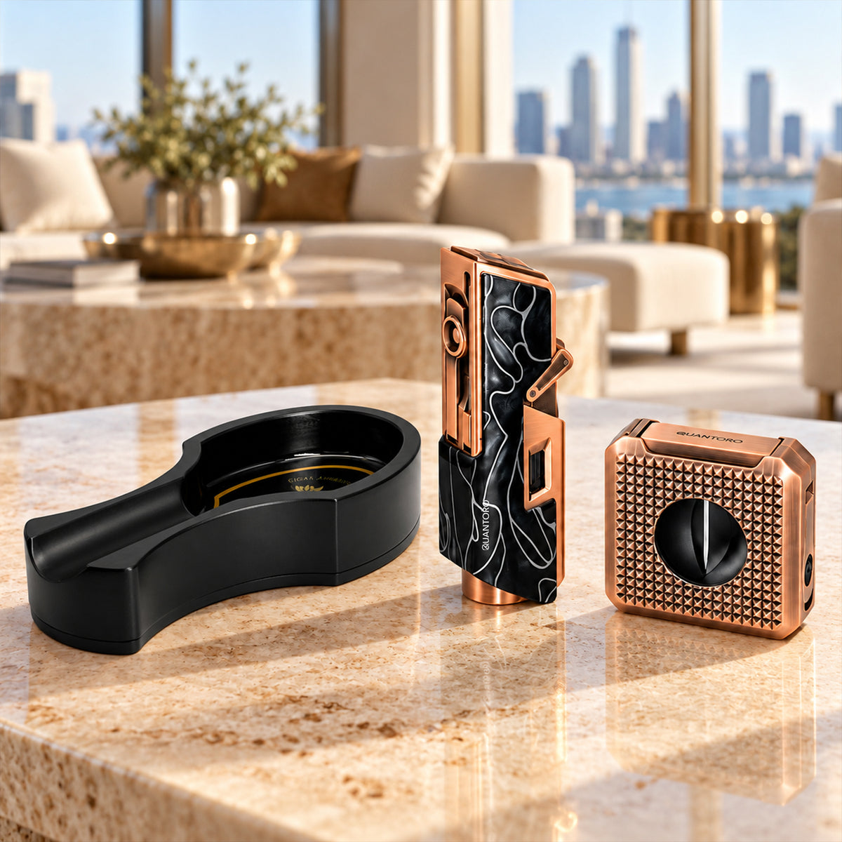 4'lü Bronz Puro Seti | Premium Çakmak+Puro Kesici+Küllük+Seyahat Humidoru