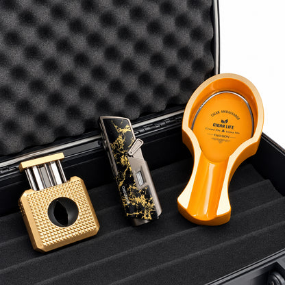 4'lü Gold Puro Seti | Premium Çakmak+Puro Kesici+Küllük+Seyahat Humidoru