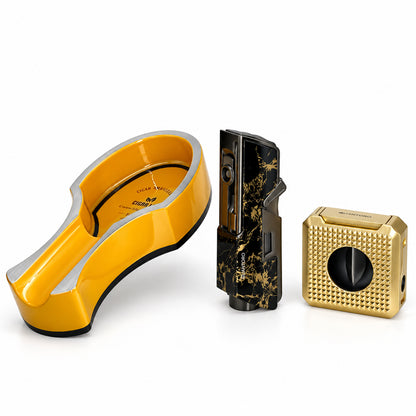 4'lü Gold Puro Seti | Premium Çakmak+Puro Kesici+Küllük+Seyahat Humidoru