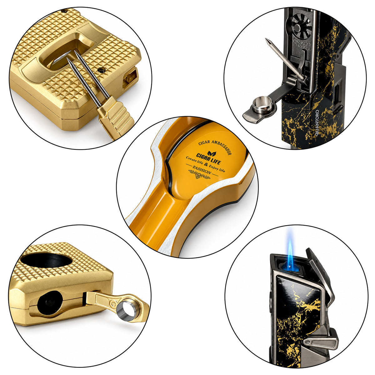 4'lü Gold Puro Seti | Premium Çakmak+Puro Kesici+Küllük+Seyahat Humidoru