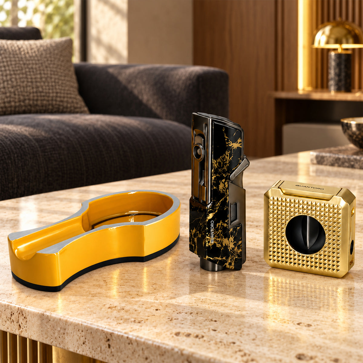 4'lü Gold Puro Seti | Premium Çakmak+Puro Kesici+Küllük+Seyahat Humidoru