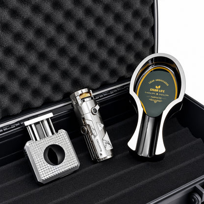 4'lü Gümüş Puro Seti | Premium Çakmak+Puro Kesici+Küllük+Seyahat Humidoru