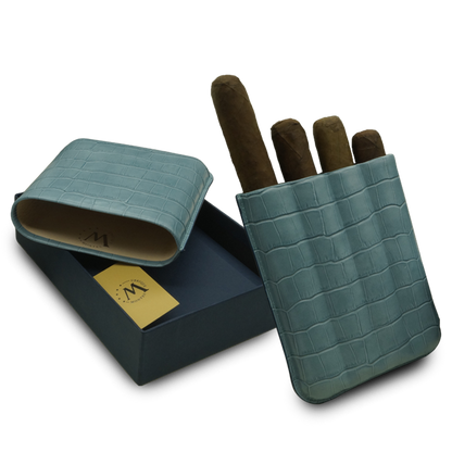 Montes Gerçek Deri El Yapımı 60 Ring Krokodil Aguamarina Dörtlü Puro Kılıfı