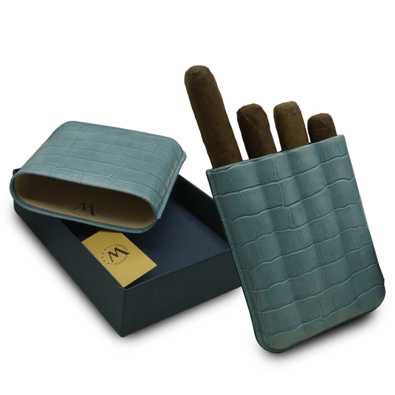 Montes Gerçek Deri El Yapımı 60 Ring Krokodil Aguamarina Dörtlü Puro Kılıfı