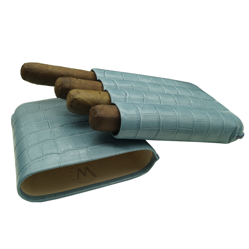Montes Gerçek Deri El Yapımı 60 Ring Krokodil Aguamarina Dörtlü Puro Kılıfı