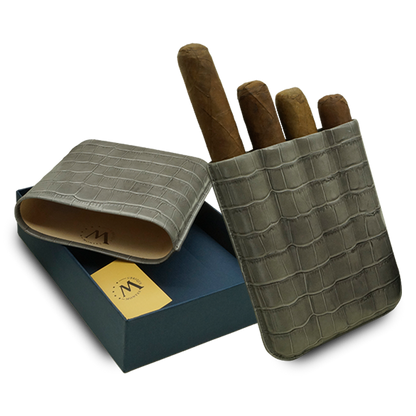 Montes Gerçek Deri El Yapımı 60 Ring Krokodil Ceniza Dörtlü Puro Kılıfı