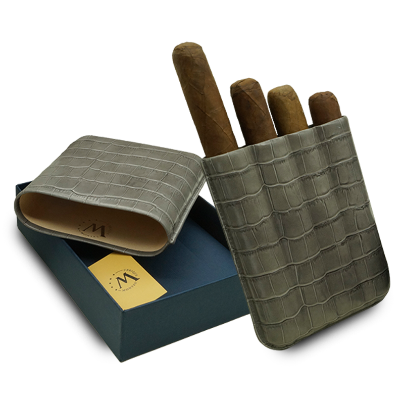 Montes Gerçek Deri El Yapımı 60 Ring Krokodil Ceniza Dörtlü Puro Kılıfı