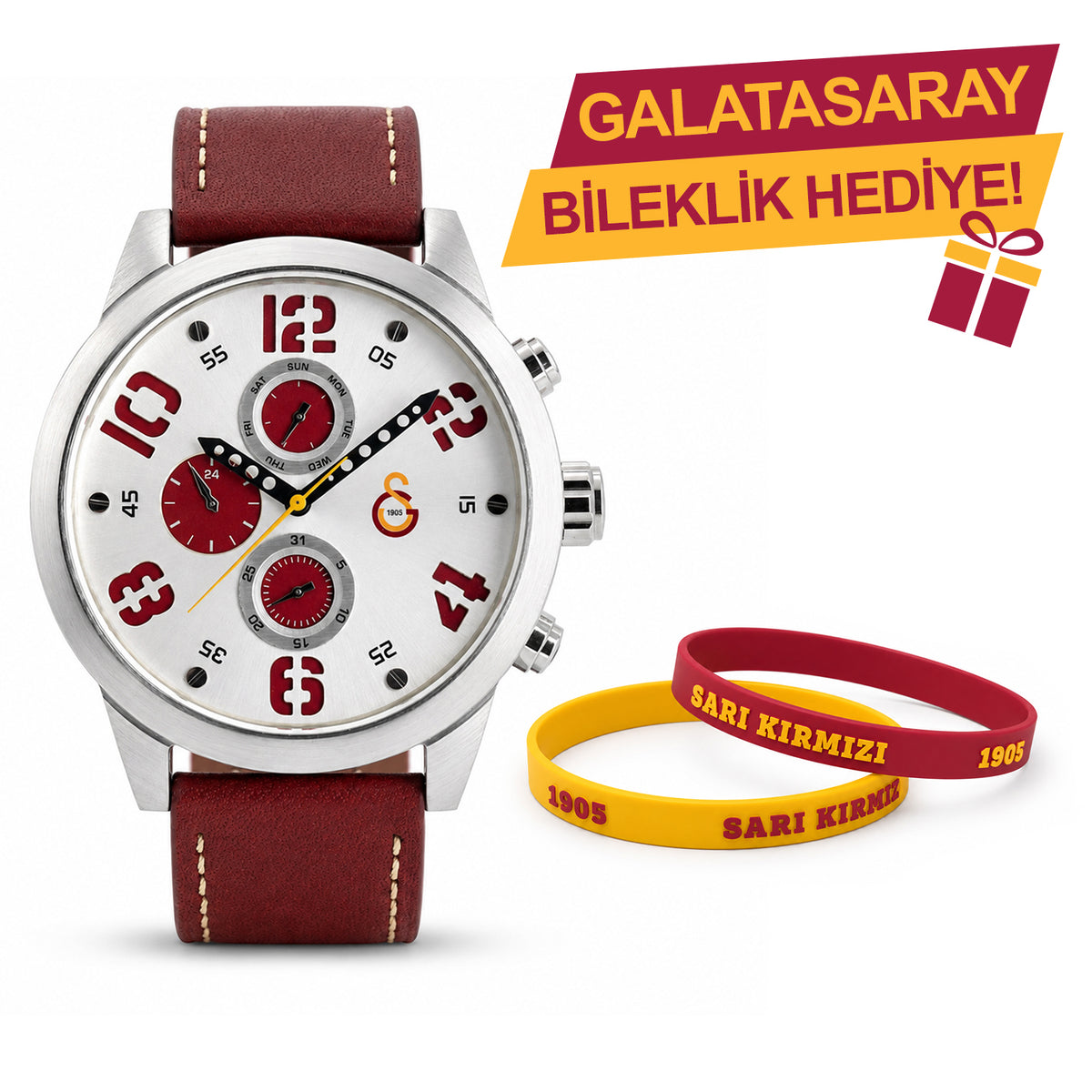 Galatasaray Leather Wristwatch U13856 - GS Keychain Included as a Gift