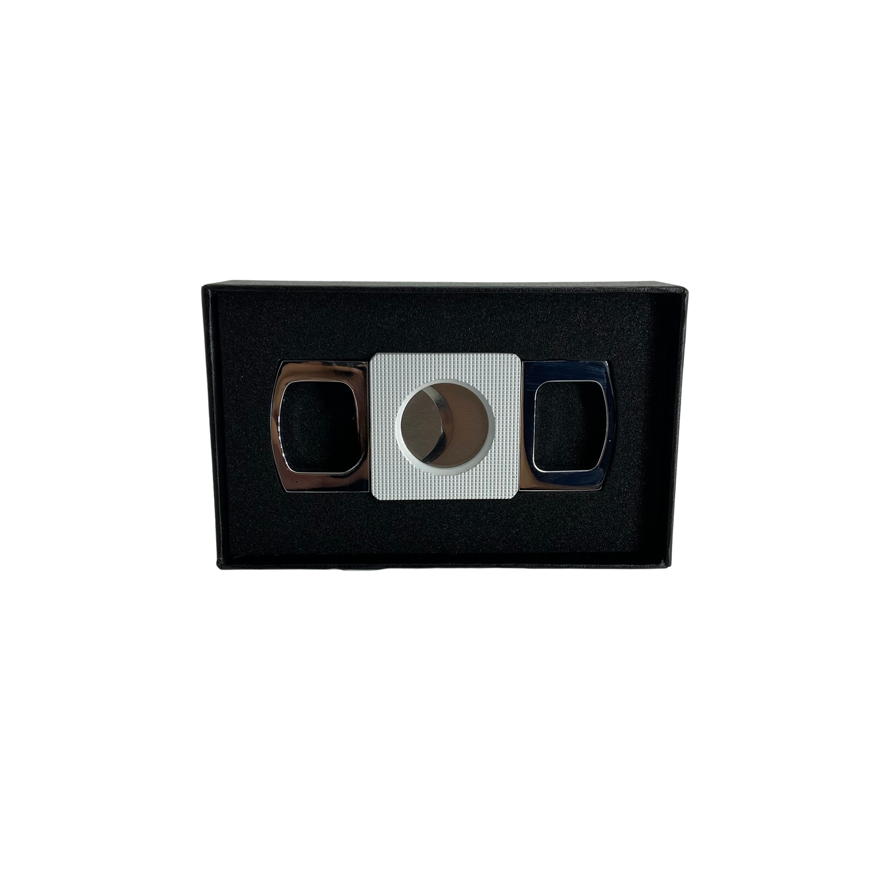 QNN Beyaz-Gümüş Gövdesi Desenli Köşeli Puro Kesici