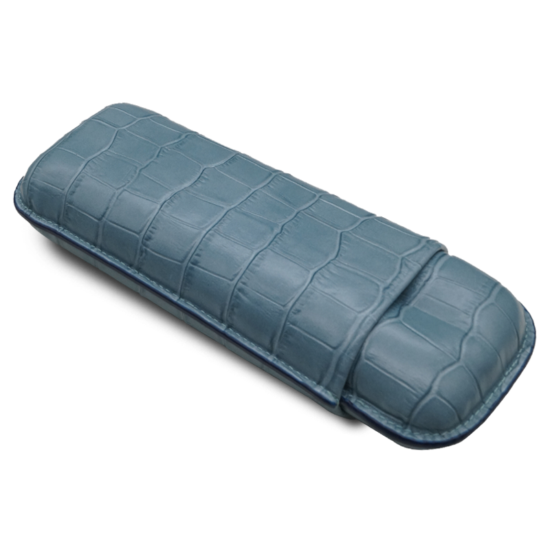 Montes Gerçek Deri El Yapımı 60 Ring Krokodil Aguamarina İkili Puro Kılıfı