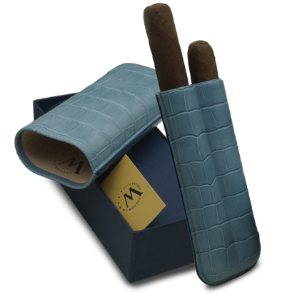 Montes Gerçek Deri El Yapımı 60 Ring Krokodil Aguamarina İkili Puro Kılıfı