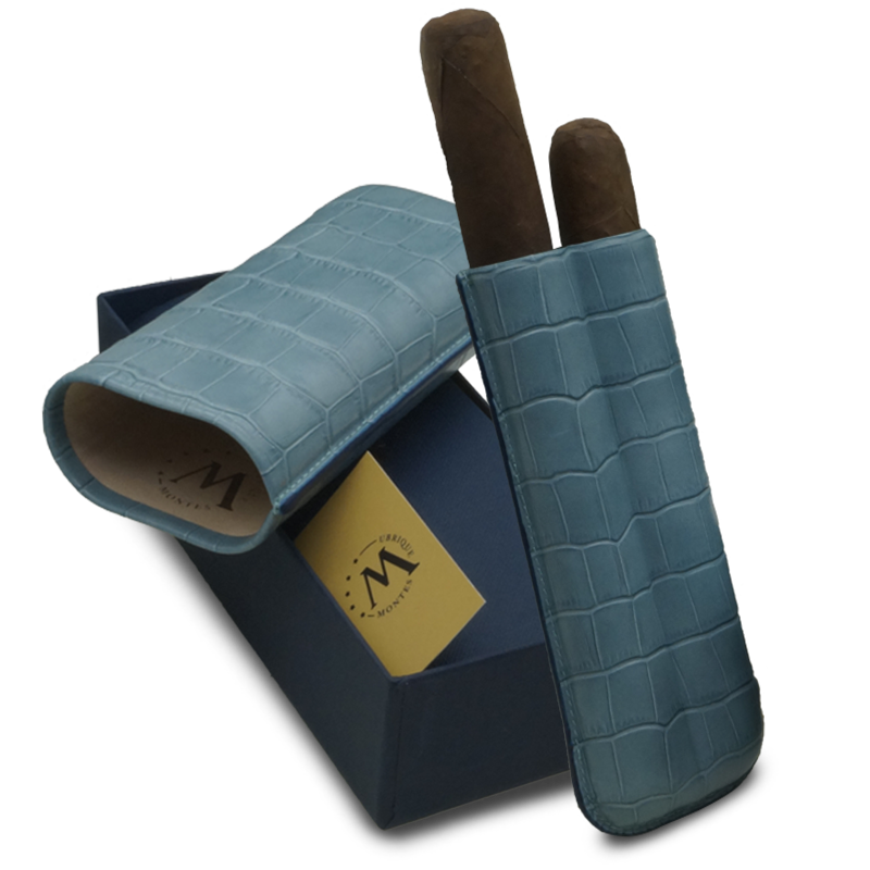 Montes Gerçek Deri El Yapımı 60 Ring Krokodil Aguamarina İkili Puro Kılıfı