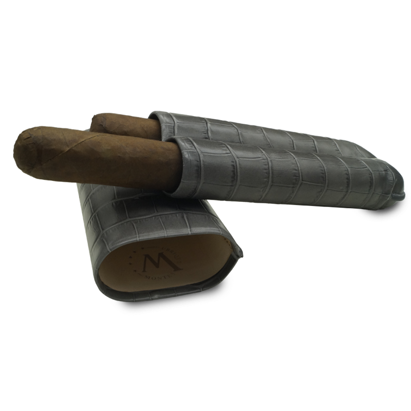Montes Gerçek Deri El Yapımı 60 Ring Krokodil Ceniza İkili Puro Kılıfı