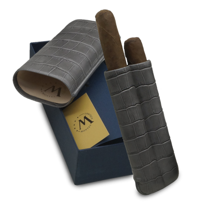 Montes Gerçek Deri El Yapımı 60 Ring Krokodil Ceniza İkili Puro Kılıfı