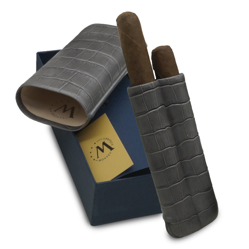 Montes Gerçek Deri El Yapımı 60 Ring Krokodil Ceniza İkili Puro Kılıfı